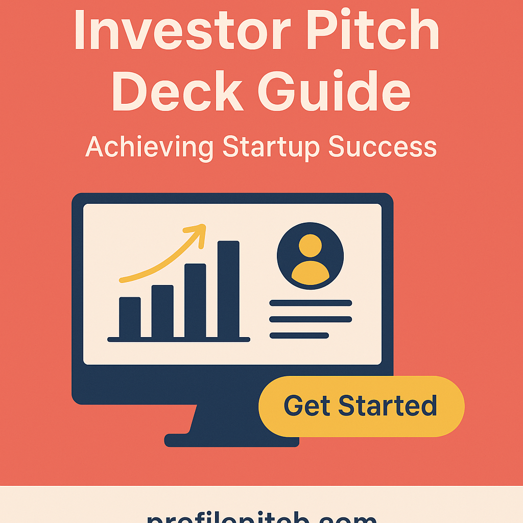 Investor Pitch Deck Guide visual with a computer screen showing a growth chart and a 'Get Started' button from ProfilePitch.