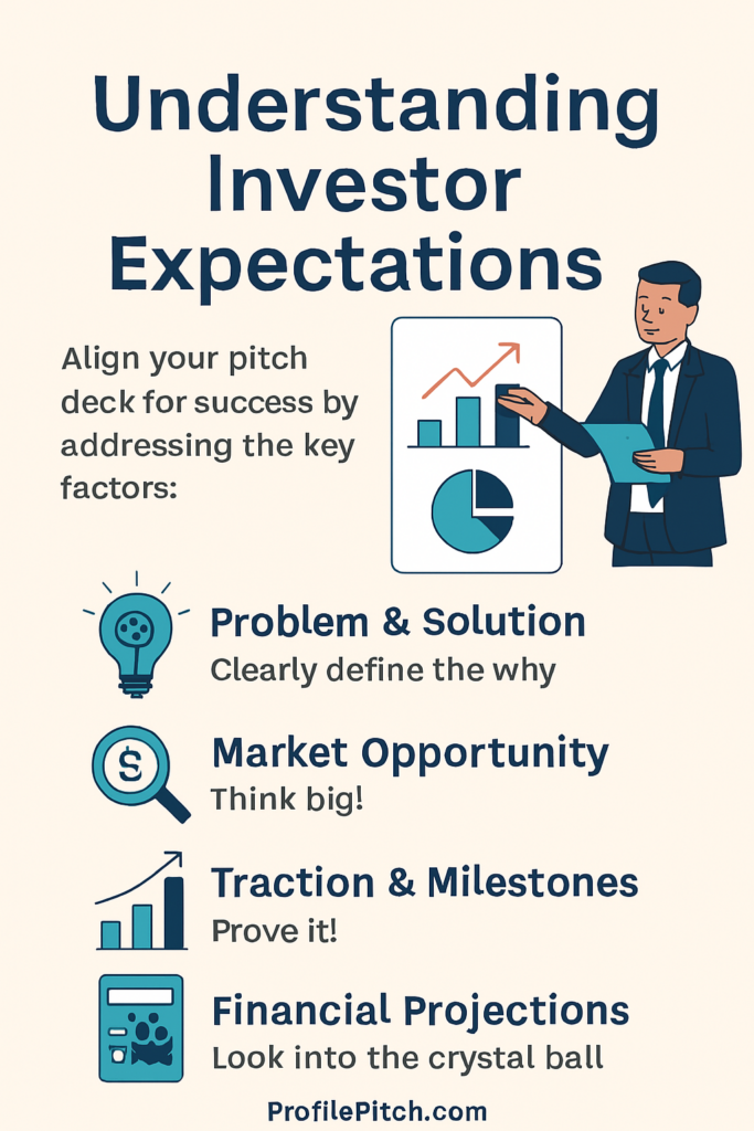 Infographic titled 'Understanding Investor Expectations' featuring key factors like Problem & Solution, Market Opportunity, Traction & Milestones, and Financial Projections