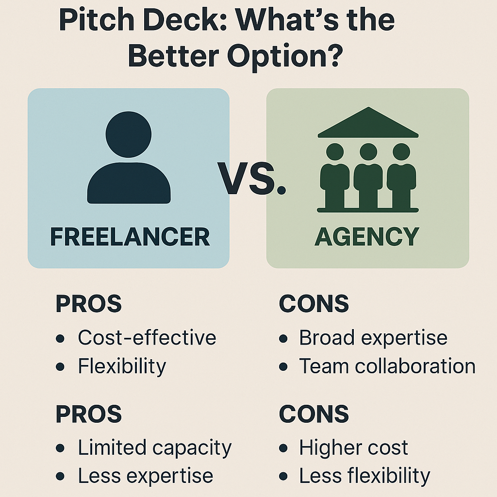 Freelancer vs. Agency for Pitch Deck - A visual comparison of the pros and cons of hiring a freelancer versus an agency to create a pitch deck, highlighting key advantages and drawbacks.