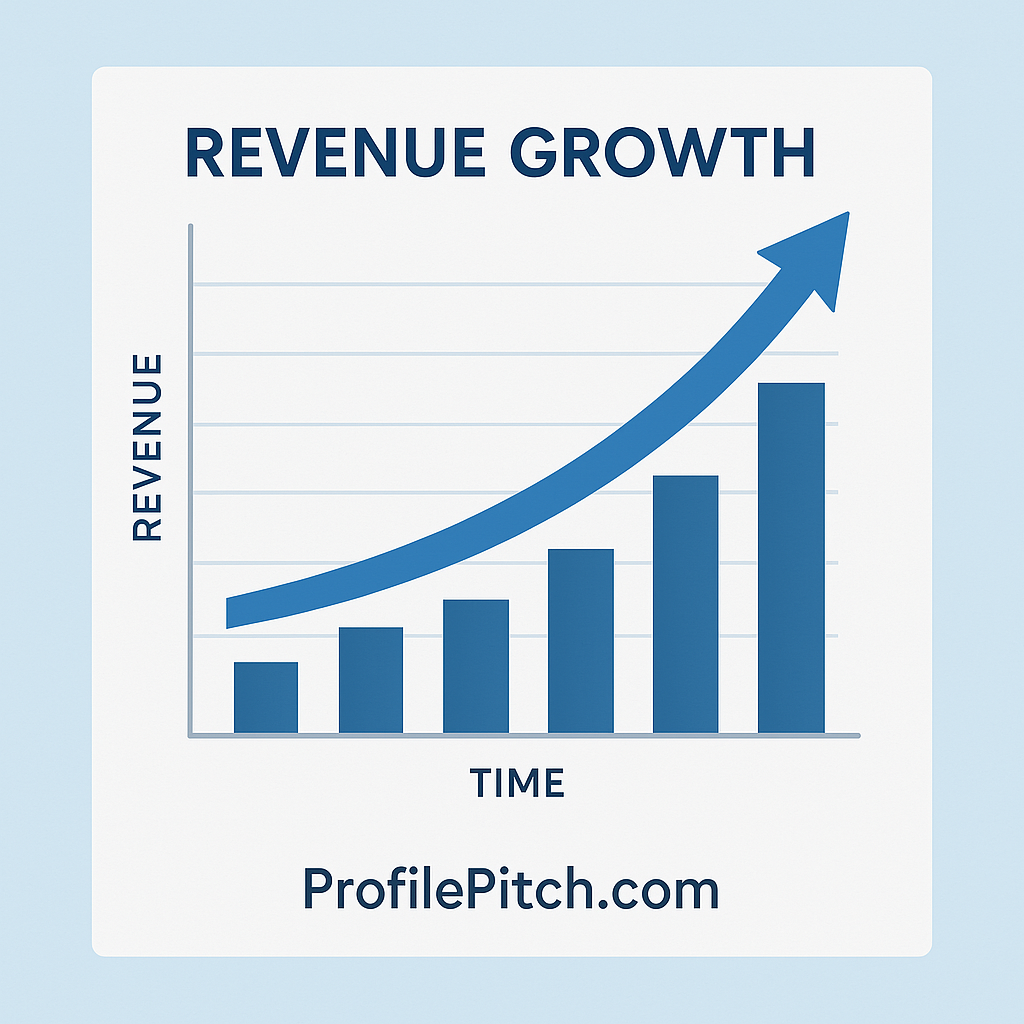 Investor pitch deck metrics revenue growth chart for ProfilePitch.com showing increasing revenue over time