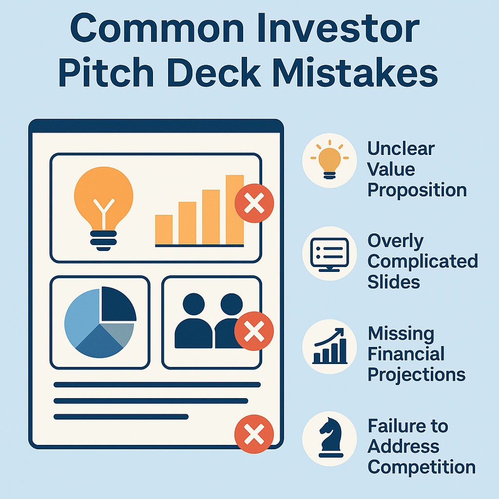 Common investor pitch deck mistakes: unclear value proposition, overly complicated slides, missing financial projections, failure to address competition.