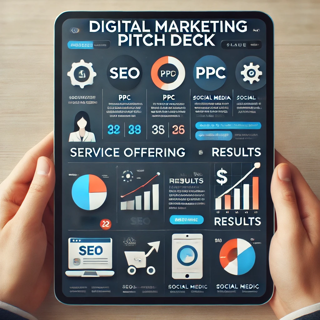 Digital Marketing Pitch Deck example showcasing service offerings, client testimonial, and website traffic growth.