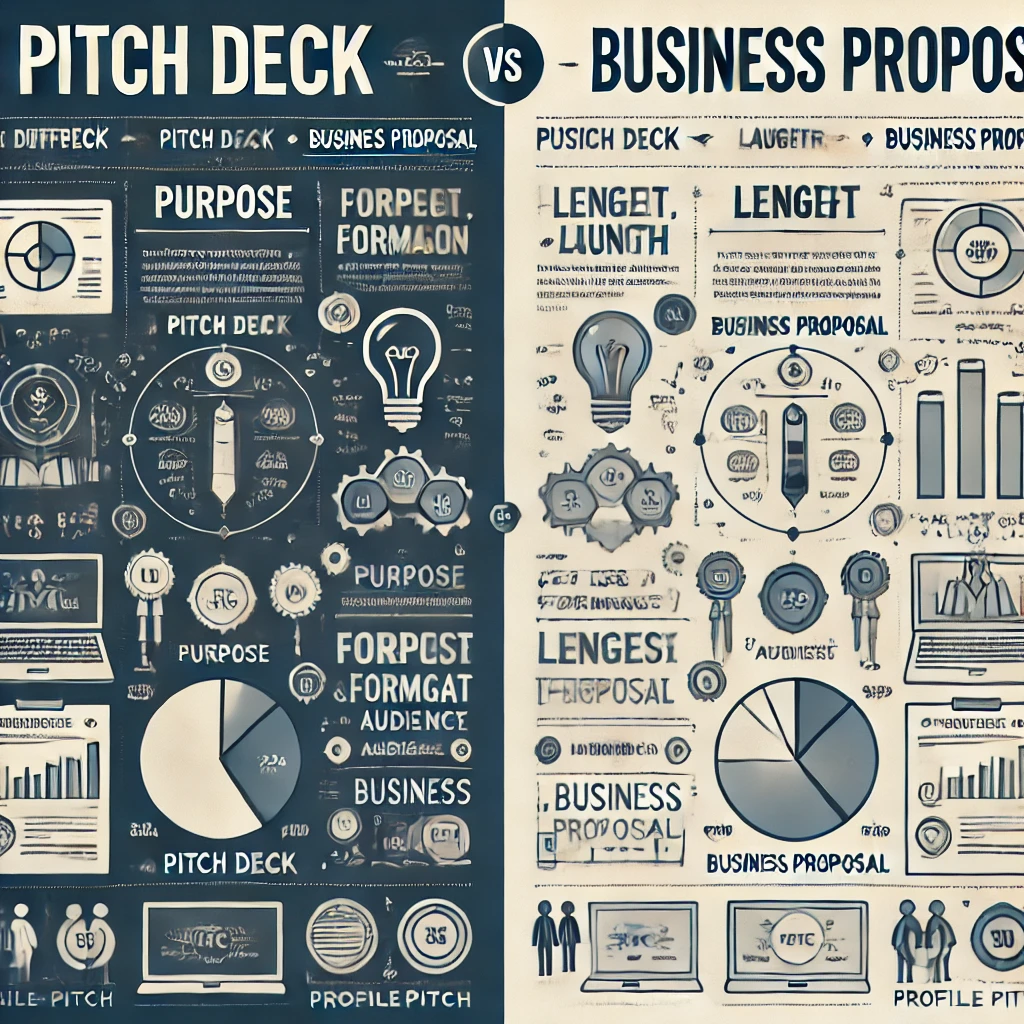infographic comparing a pitch deck and a business proposal, with the word "ProfilePitch"