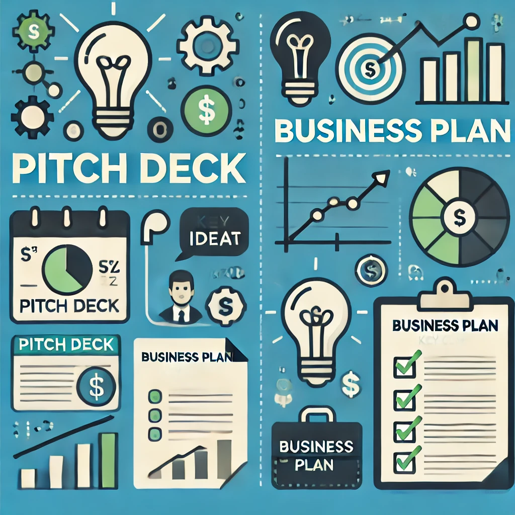 Comparison between a Pitch Deck and Business Plan, highlighting key elements like ideas, financials, and key components with simple icons.