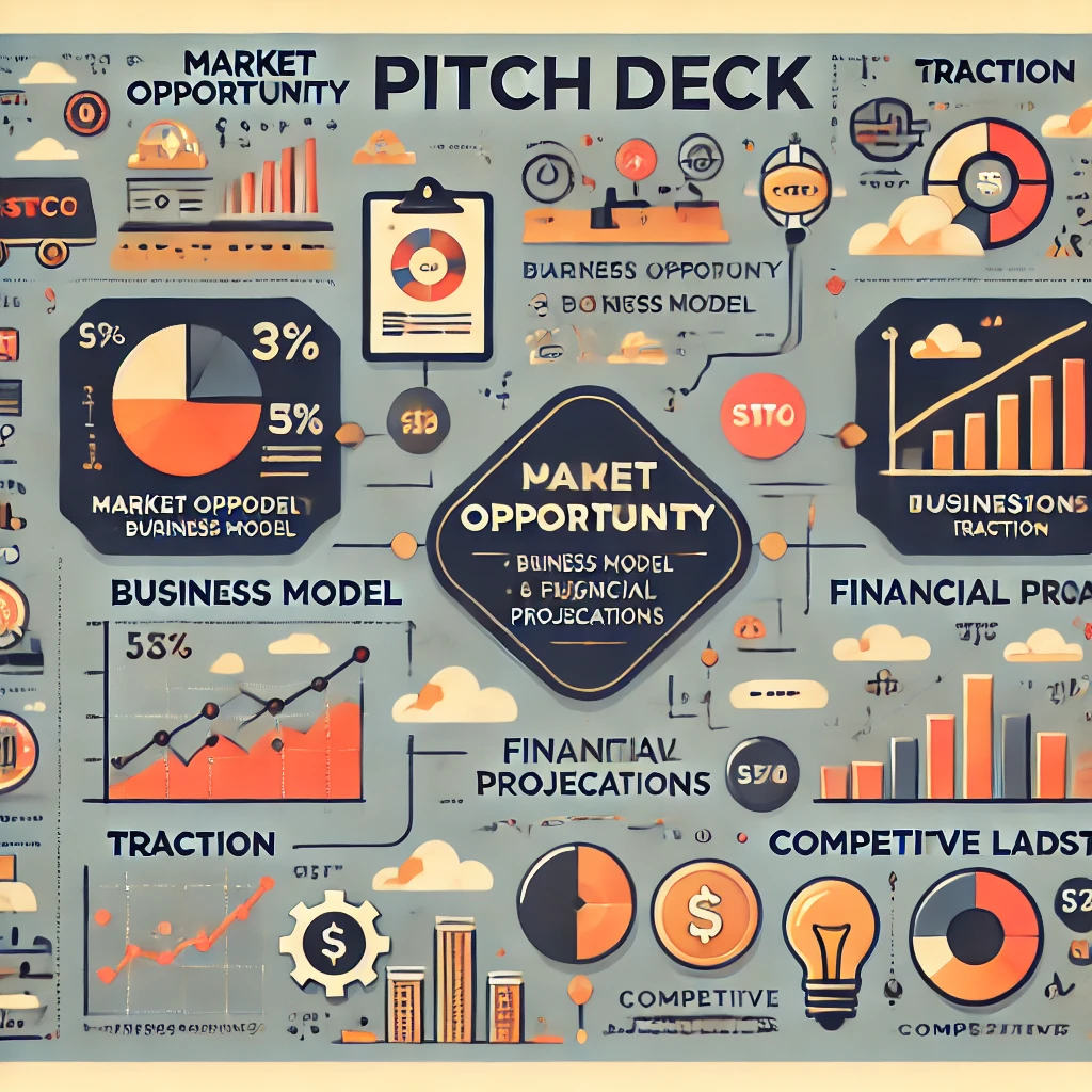 Infographic on what investors really want in a pitch deck, highlighting key elements like market opportunity, business model, traction, financial projections, and competitive landscape.