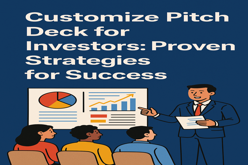 The image depicts a business presenter standing in front of an audience, customizing a pitch deck for investors.The background is a deep blue, and the title "Customize Pitch Deck for Investors: Proven Strategies for Success" is displayed in bold white text. This image represents the importance of tailoring a pitch deck to capture investor interest and secure
