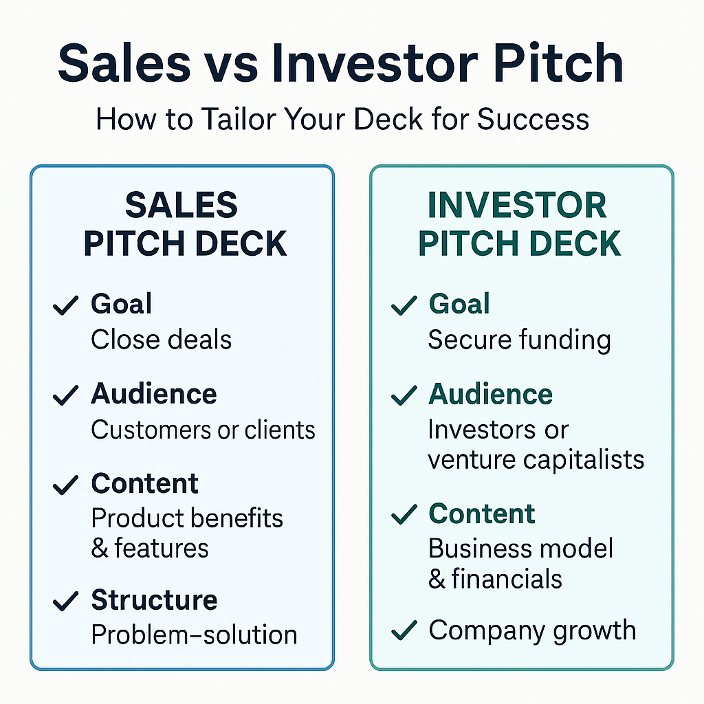 Sales vs Investor Pitch infographic: Comparing the key components of sales pitch deck vs investor pitch deck